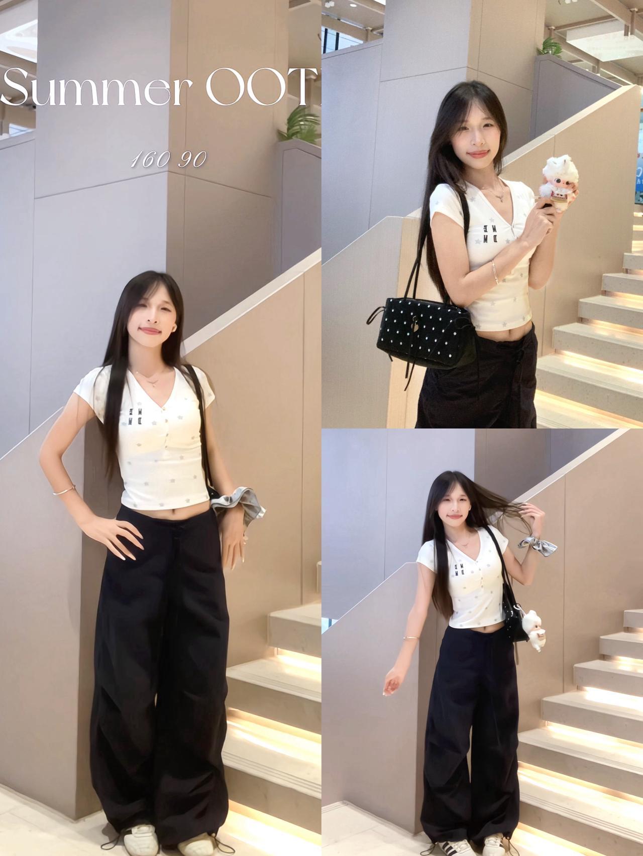 夏日穿搭公式|🤍白短T➕阔腿裤🖤~甜酷梨形天菜